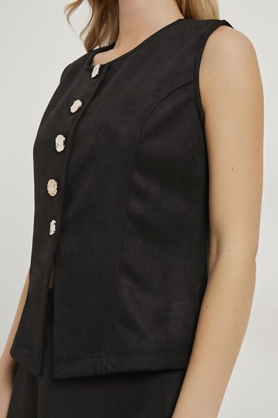 Arma Life Women's Button Detailed Sleeveless Basic Black Suede Vest