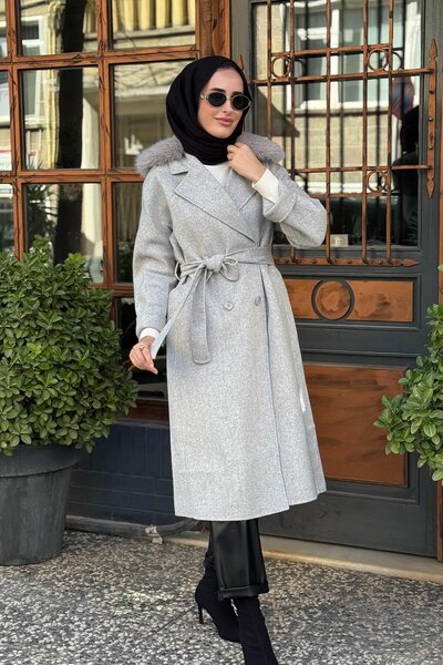 Kayra Premium Yün Kürklü Kruvaze Düğmeli Kaban KA-A23-17024 Gri