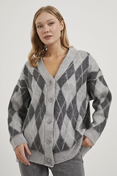 Arma Life Women's Plaid Patterned Premium Oversized Gray Cardigan
