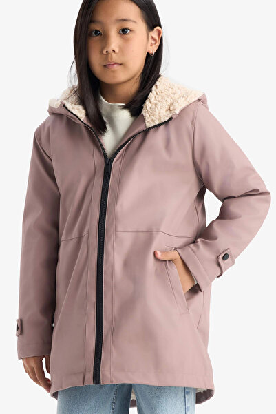 DeFacto C5229 Burgundy Girl's Water Repellent Hooded Zippered Raincoat