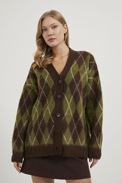 Arma Life Women's Plaid Patterned Premium Oversized Green Cardigan