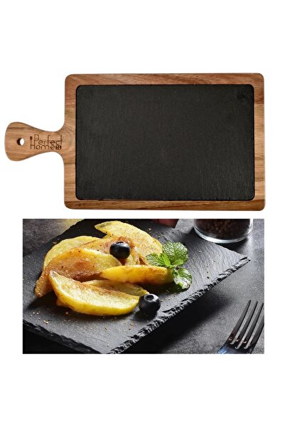 Perfect Home Elegant stone serving tray with acacia wood handle 26x18 cm