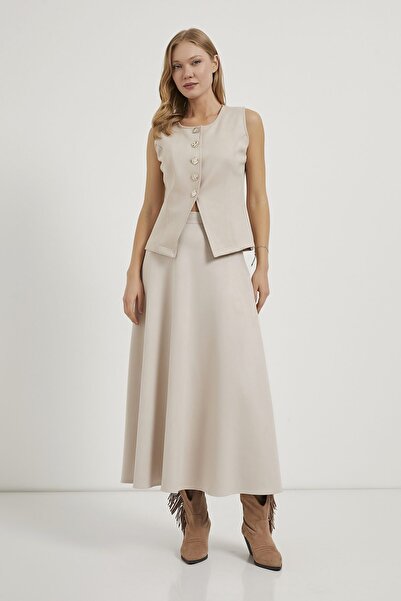 Arma Life Women's Button Detailed Sleeveless Basic Cream Suede Vest