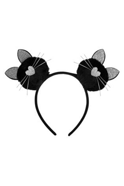 SHOPIENS Black Hairband with Cat Ears & Silver Glitter Pom Pom