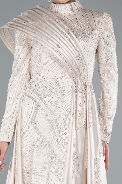 Abiyefon Bej Taşlı Uzun Kol Saten Büyük Beden Tesettür Abiye ABU5083