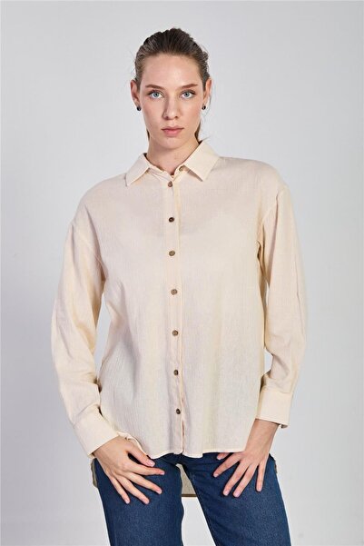 BARRELS AND OIL Women's Oversize Shirt with Wooden Buttons - Stone Color