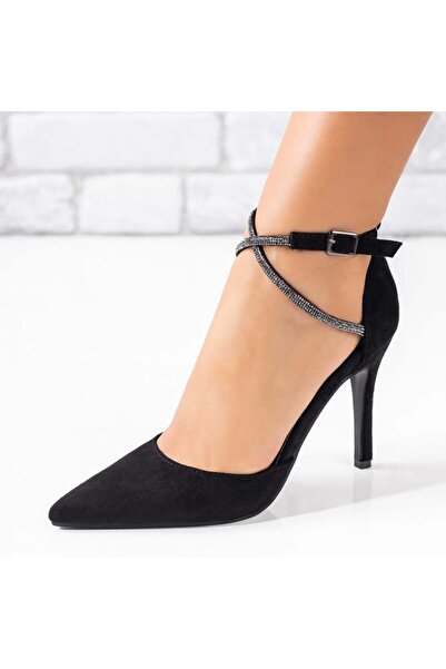 BMoD Pantofi de damă din piele întoarsă neagră cu toc subțire și baretă cu st...