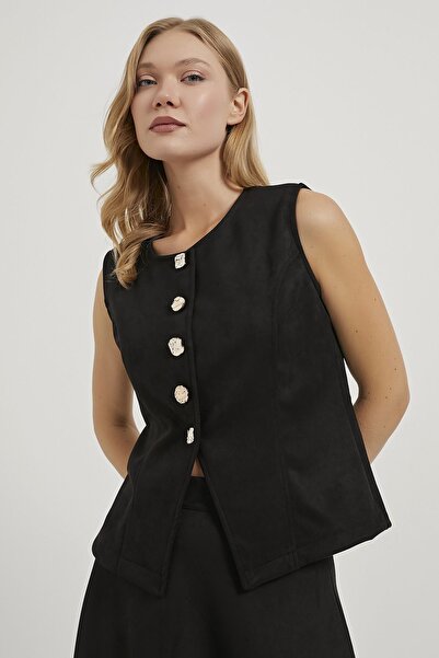 Arma Life Women's Button Detailed Sleeveless Basic Black Suede Vest