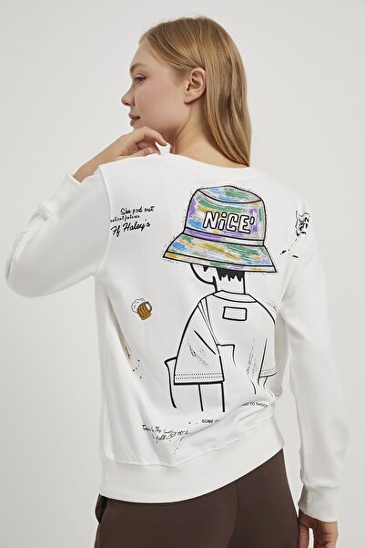 Arma Life Women's Back Printed Crew Neck White Sweatshirt