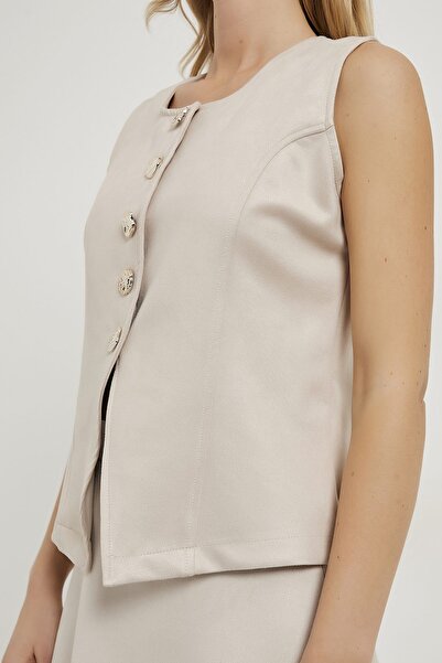 Arma Life Women's Button Detailed Sleeveless Basic Cream Suede Vest