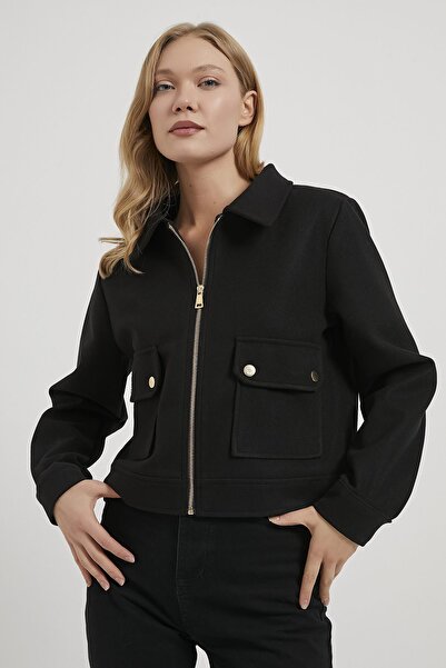 Arma Life Women's Pocket Detailed Zippered Black Short Cashmere Coat