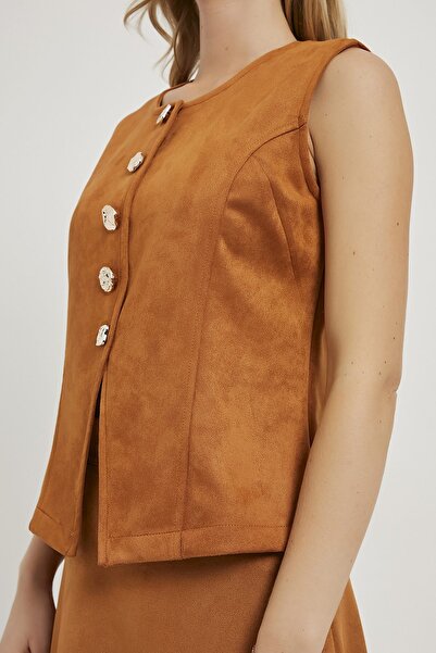Arma Life Women's Button Detailed Sleeveless Basic Camel Suede Vest