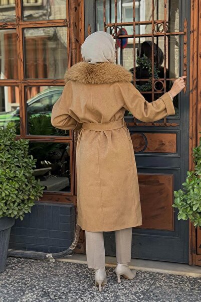 Kayra Premium Yün Kürklü Kruvaze Düğmeli Kaban KA-A23-17024 Camel