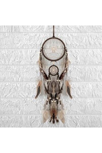 Jumbo Decorative Ethnic Dreamcatcher Double Wreath Brown with Bicolored Feathers & Wooden Beige Beads 11 x