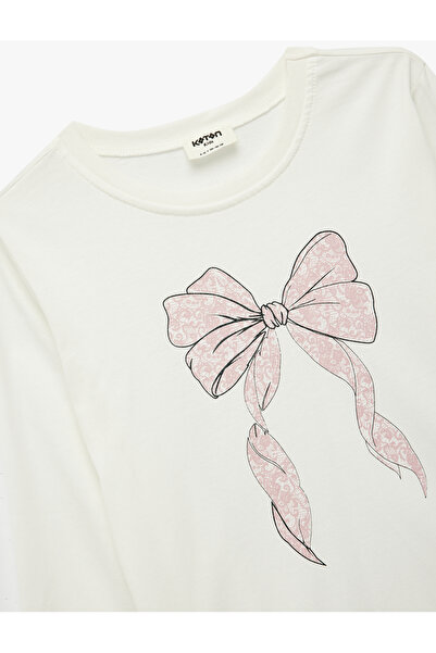 Koton Cotton Long Sleeve Crew Neck Glitter Bow Printed T-Shirt