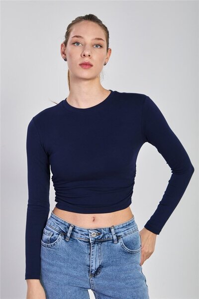 BARRELS AND OIL Women's Gathered Long Sleeve Bodysuit - Navy Blue