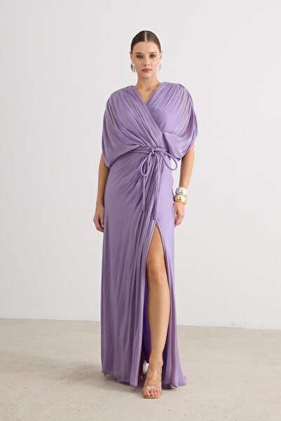 Carmen Lavanta Yırtmaçlı Kemerli Organze Abiye Elbise