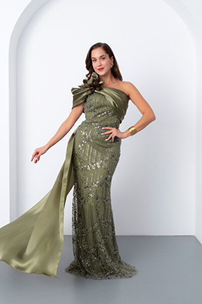 Lafaba Women's Khaki Beaded One Shoulder Bow Detail Tailored Long Evening Dress