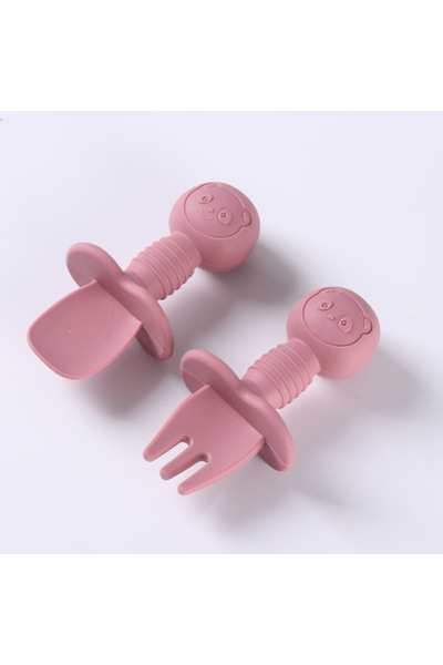 Choice Burgundy 2pcs Food Grade Children Wooden Handle Silicone Spoon Fork Cutlery Baby Training Complement