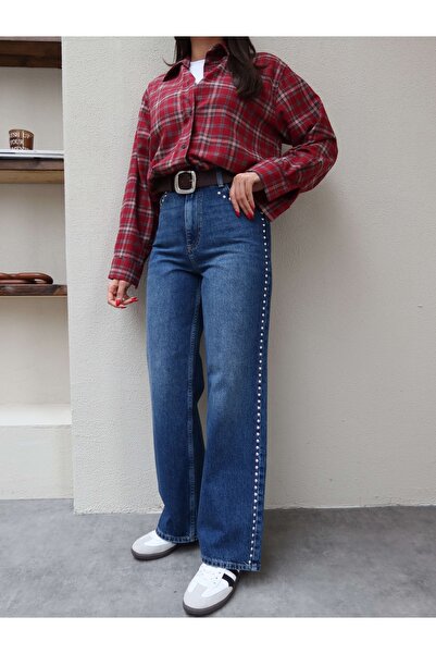 ESRAHELVACI Παντελόνι τζιν με λεπτομέρεια με καρφιά σε μπλε ναυτικό χρώμα