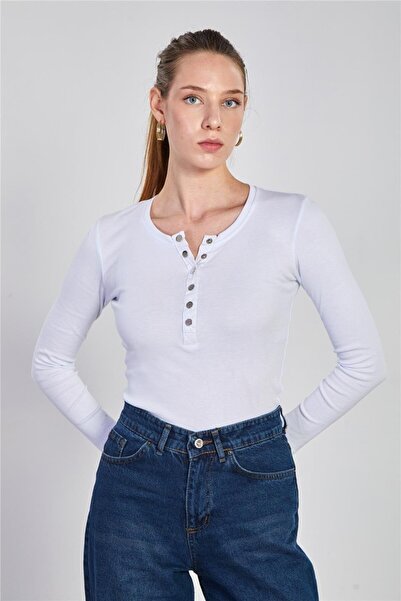 BARRELS AND OIL Women's Long Sleeve Bodysuit with Snap Buttons on the Front - White