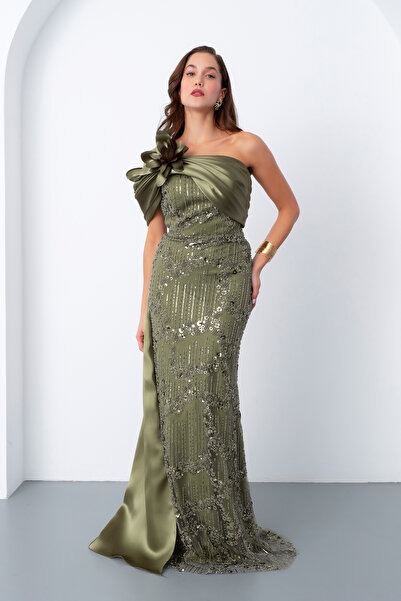 Lafaba Women's Khaki Beaded One Shoulder Bow Detail Tailored Long Evening Dress