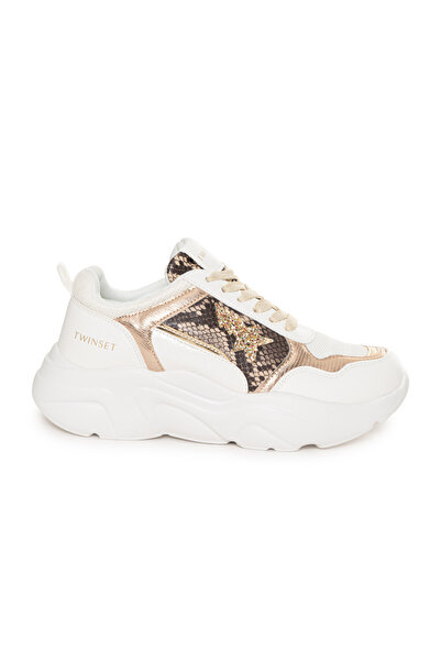 TWINSET TWINSET SNEAKERS, FOR WOMEN, ANIMAL, MULTICOLOR, WHITE/GOLD, WITH LACES, WITH LOGO
