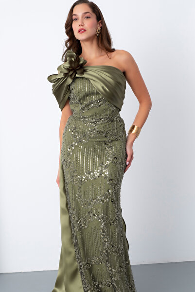 Lafaba Women's Khaki Beaded One Shoulder Bow Detail Tailored Long Evening Dress