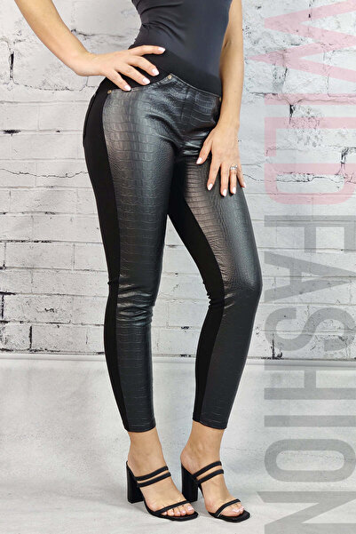 WildFashion Pantaloni casual tip colanti din material elastic si imitatie pie...