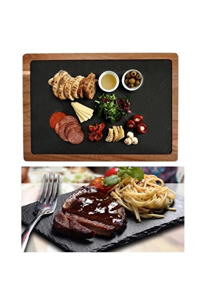 Perfect Home Elegant Slate Serving Set with Acacia Wood Stand 33 x 23 cm