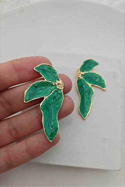 KYOLA DESİGN Yeşil Sedefli Palmiye Gold Kadın Küpe (5.2cm)