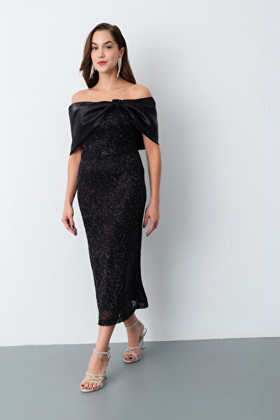 Lafaba Kadın Siyah Yaka Detay Boncuklu Midi Söz Nişan Abiye Elbise