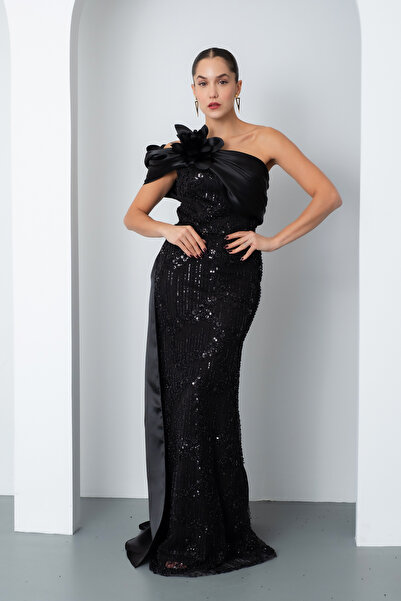 Lafaba Women's Black Beaded One Shoulder Bow Detail Tailored Long Evening Dress