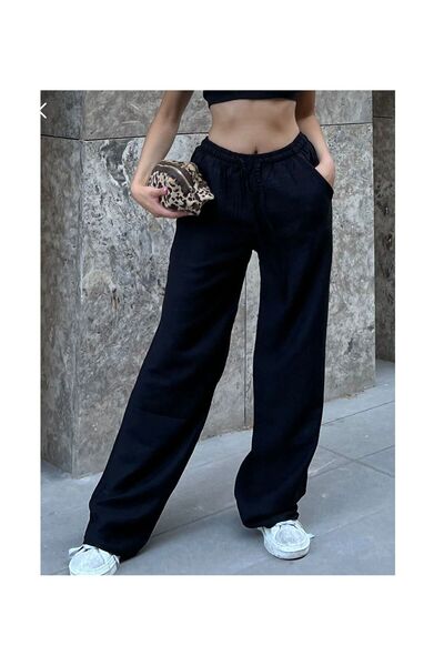 NO 601 Women's Black Muslin Fabric Wide Leg Comfortable Pants