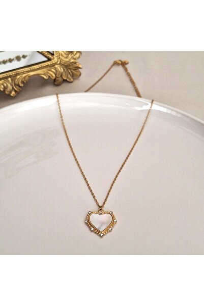 Svc Aksesuar Zircon Stone Heart Detailed Steel Necklace (49 cm)
