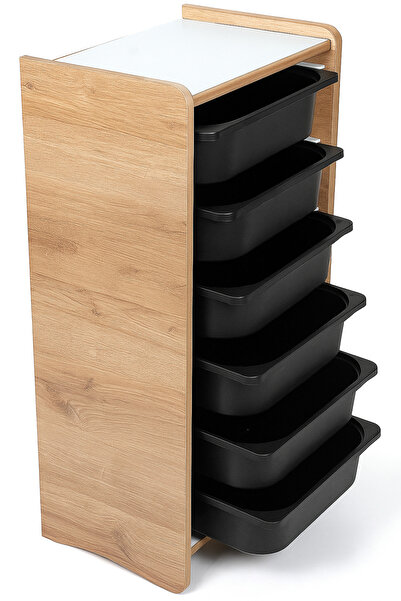 Industrial Living Ceviz MDF Montessori Oyuncak Dolabı – 6 Siyah Plastik Çekme...