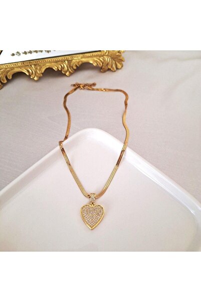 Svc Aksesuar Zircon Stone Heart Detailed Italian Chain Steel Necklace (46.5 cm)