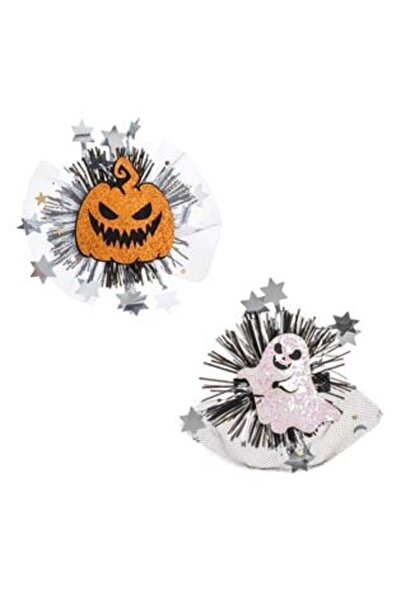SHOPIENS Set agrafe de păr negre cu stele din tul cu sclipici și motive dovleac fantomă 10 cm - 2 buc