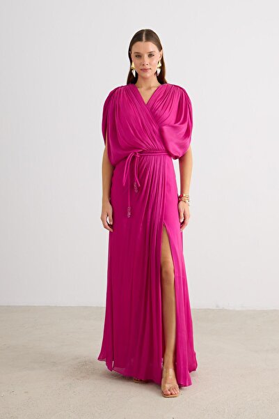 Carmen Fuşya Yırtmaçlı Kemerli Organze Abiye Elbise