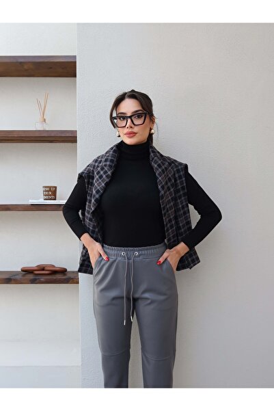 ESRAHELVACI Bel Lastik Dikiş Detaylı Deri Pantolon