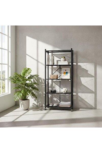 Family Ship Metal Storage Shelf Unit 5 Tiers with Foldable Wheels - Black