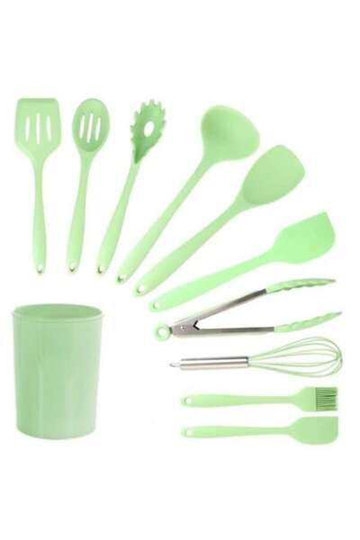 ABS Set 11 ustensile de bucătărie, verde, silicon, cu suport