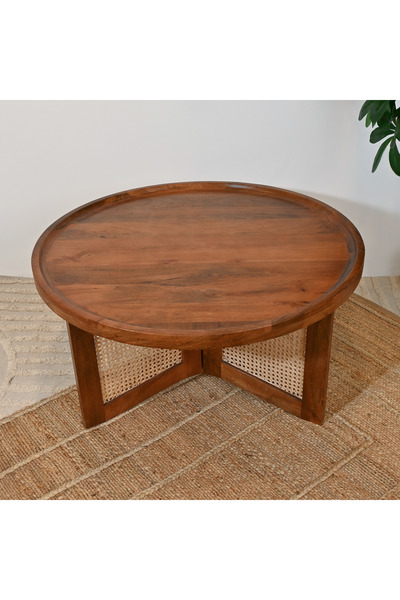 Lifestyle Home Carving Wooden Coffee Table with Rattan Legs - 90x50 cms