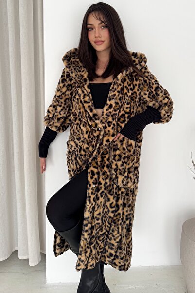 FEMELLE Leopard Print Snap Button Knitwear Detailed Hooded Premium Long Fur Coat with Lining