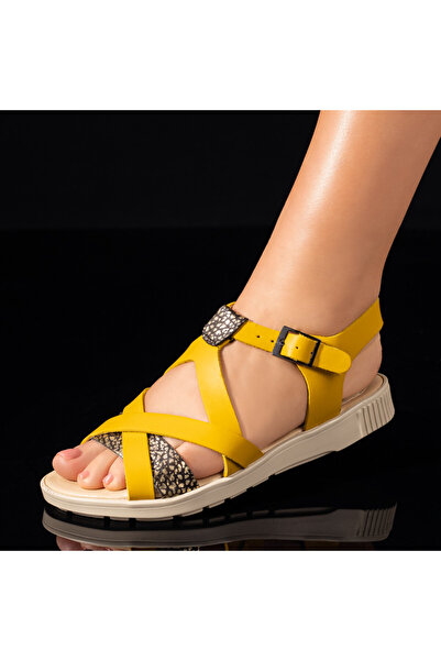 BMoD Sandale plate din piele naturală galbenă pentru femei MOD09469