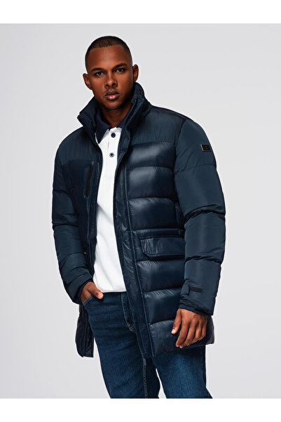 OMBRE Pánská prošívaná bunda z kombinovaných materiálů s kapucí - tmavě modrá V3 OM-JALJ-0266