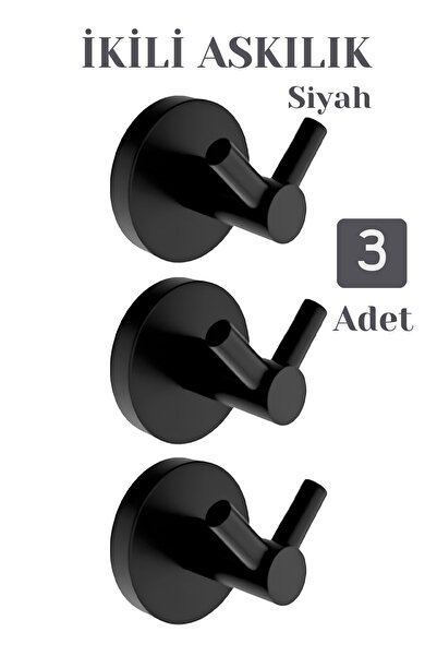 Badem10 Siyah İkili Askılık 3’lü Set Vidalı Paslanmaz Metal Duvar Askısı Bany...