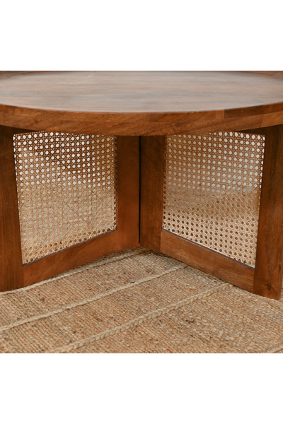 Lifestyle Home Carving Wooden Coffee Table with Rattan Legs - 90x50 cms