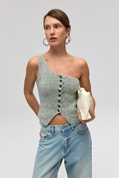 MAI STUDIOS CO. Elvar Tek Omuz Gri Triko Crop