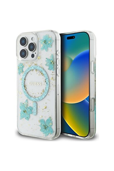 Guess Case for IPhone 16 Pro Max, Resin Flowers and Glitter MagSafe, - Turquoise
